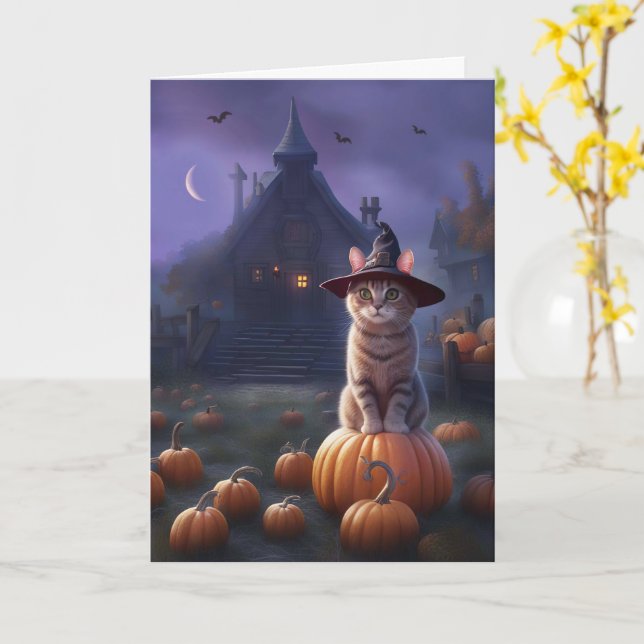 Halloween mit Niedlicher Katze und Kürpen Beängsti Karte (Gelbe Blume)