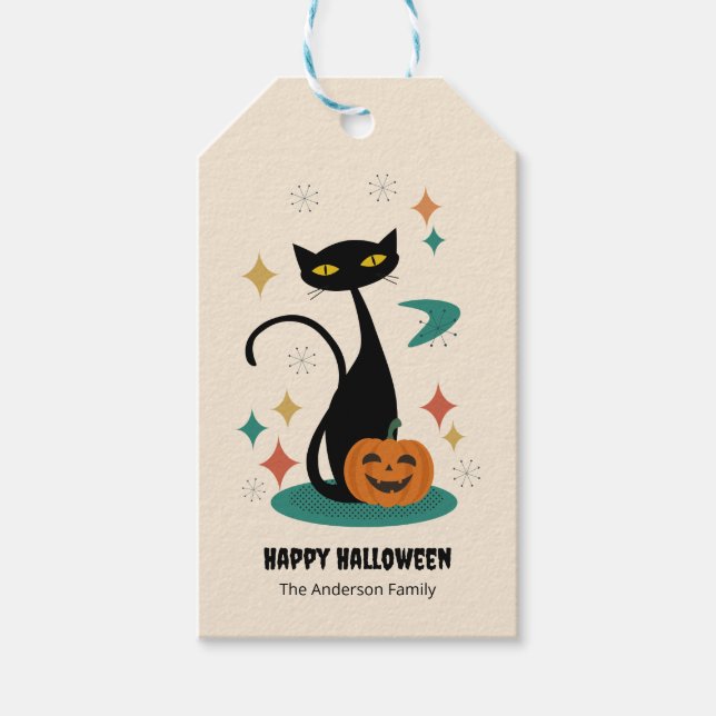 Halloween Mitte Jahrhunderts Schwarze Katze Geschenkanhänger (Vorderseite)