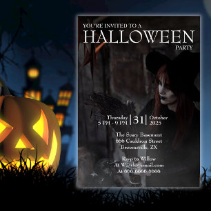 Halloween Moderne Gothic-Hexe Besen Dunkle Fotogra Einladung