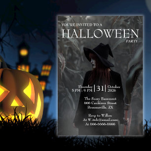 Halloween Moderne gotische Hexe im dunklen Wald Einladung