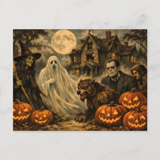Halloween-Monster, Hexe, Spukhaus, Kürbisse Postkarte
