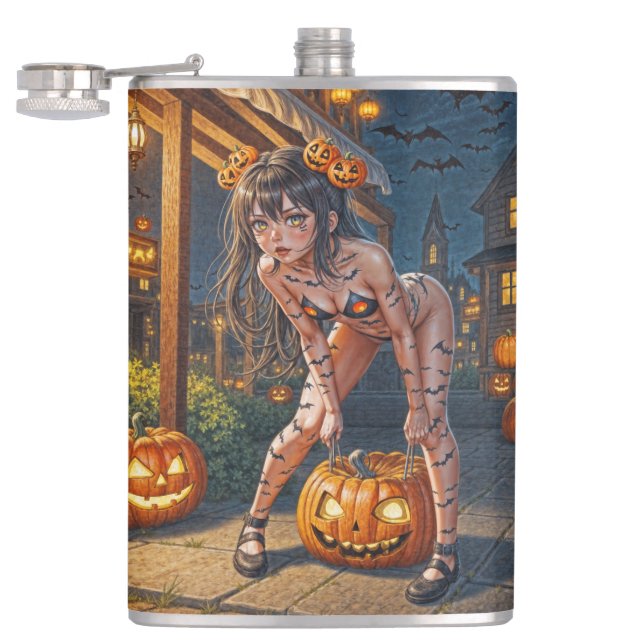 Halloween Monster Jack-o-Lantern & Bat Vixen Girl Flachmann (Geöffnet)