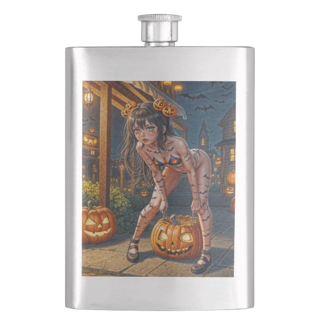 Halloween Monster Jack-o-Lantern & Bat Vixen Girl Flachmann (Vorderseite)
