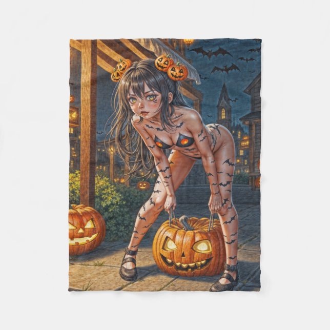 Halloween Monster Jack-o-Lantern & Bat Vixen Girl Fleecedecke (Vorderseite)