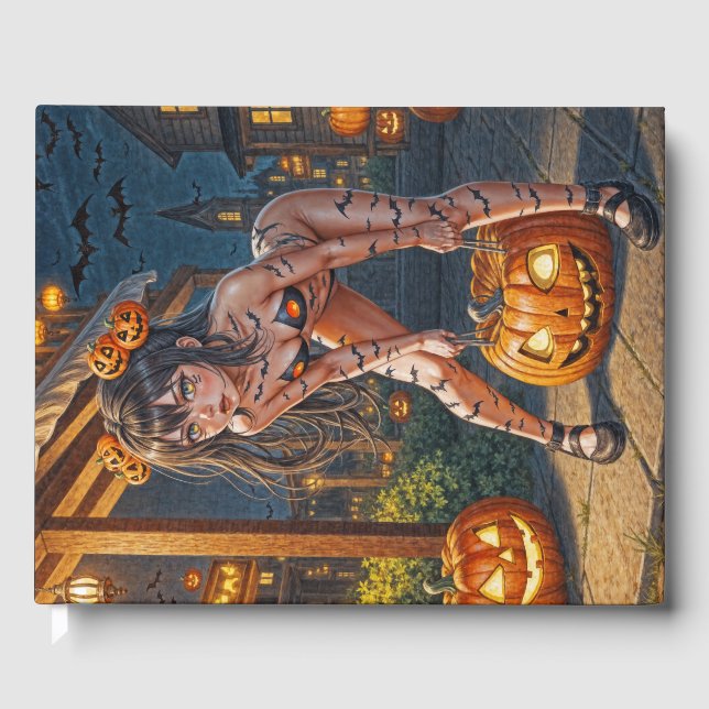 Halloween Monster Jack-o-Lantern & Bat Vixen Girl Gästebuch (Vorderseite)