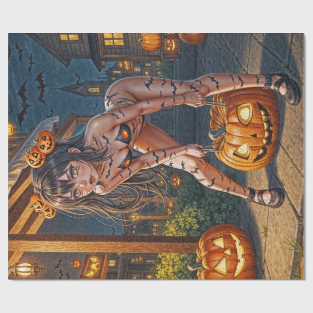 Halloween Monster Jack-o-Lantern & Bat Vixen Girl Geschenkpapier (Flach)