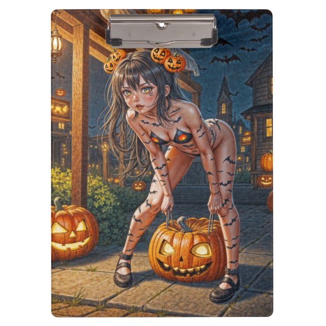 Halloween Monster Jack-o-Lantern & Bat Vixen Girl Klemmbrett (Vorderseite)