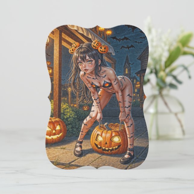 Halloween Monster Jack-o-Lantern & Bat Vixen Girl Mitteilungskarte (Stehend Vorderseite)