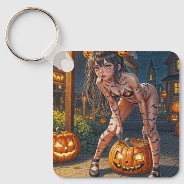 Halloween Monster Jack-o-Lantern & Bat Vixen Girl Schlüsselanhänger (Vorderseite)