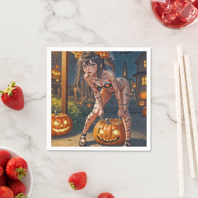 Halloween Monster Jack-o-Lantern & Bat Vixen Girl Serviette (Beispiel)