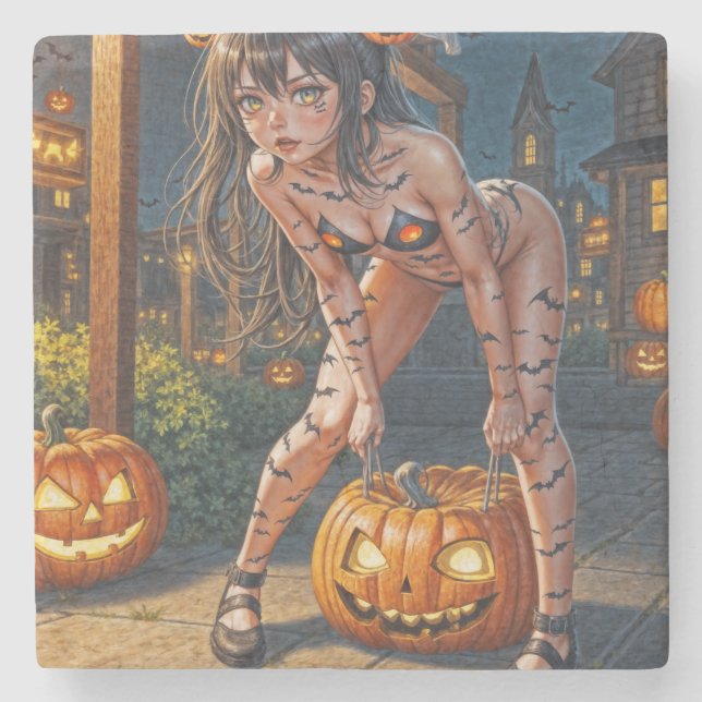 Halloween Monster Jack-o-Lantern & Bat Vixen Girl Steinuntersetzer (Vorderseite)