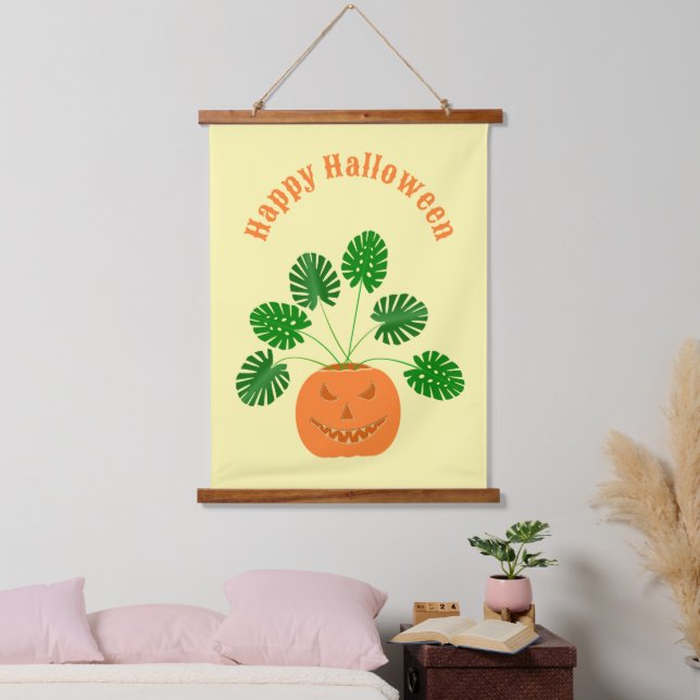Halloween Monstera Pflanze in Pumpkin Custom Wandteppich Mit Holzrahmen (Schlafzimmer)