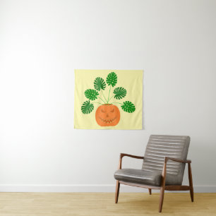 Halloween Monstera Pflanze in Pumpkin Wandteppich