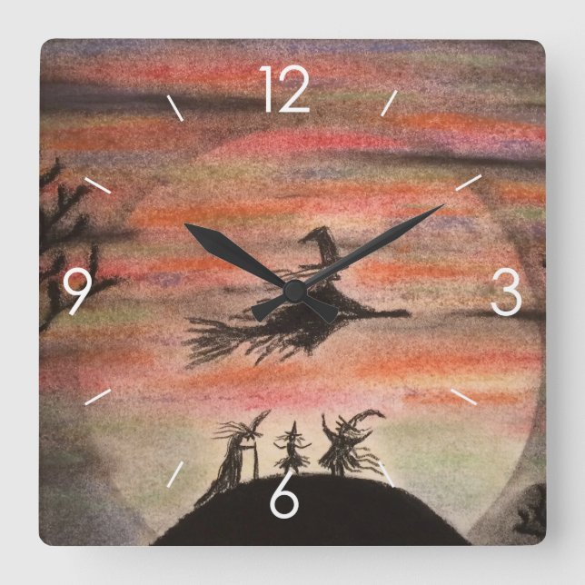 Halloween Moonlight Spuk House Hexe Quadratische Wanduhr (Vorderseite)