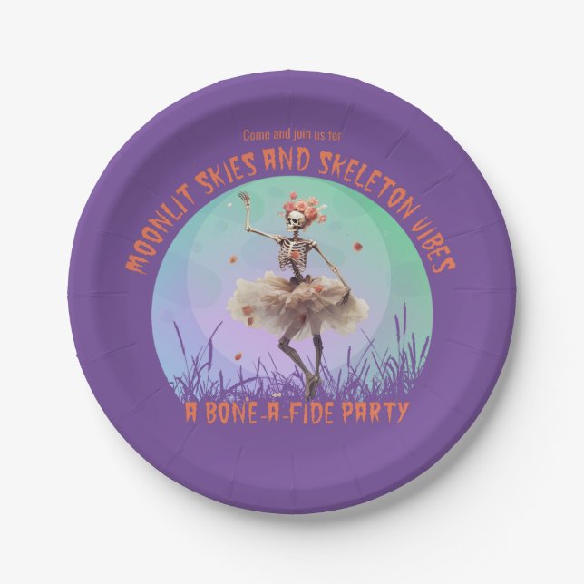 Halloween Moonlit Skies and Skeleton Vibes Pappteller (Vorderseite)