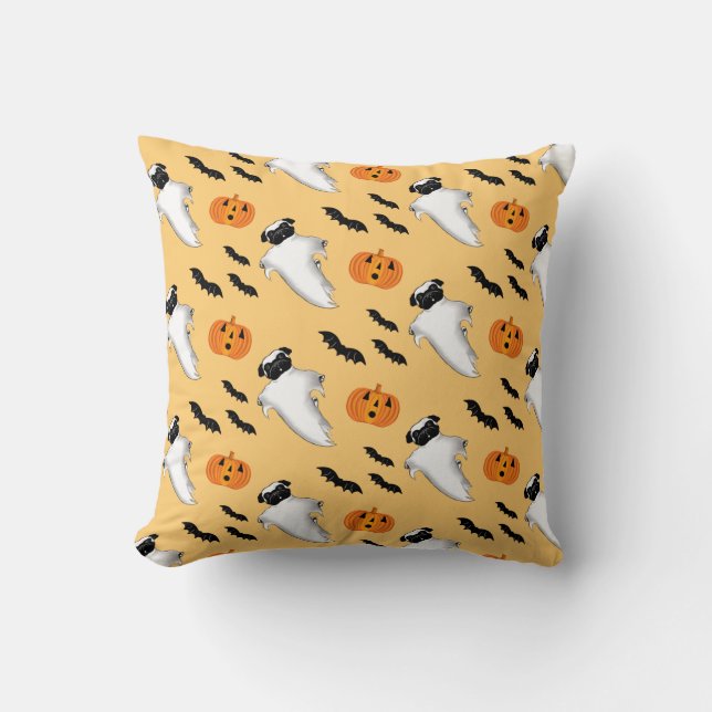 Halloween Mops Ghost Niedlich Pumpkin Bats Gelb  Kissen (Vorderseite)