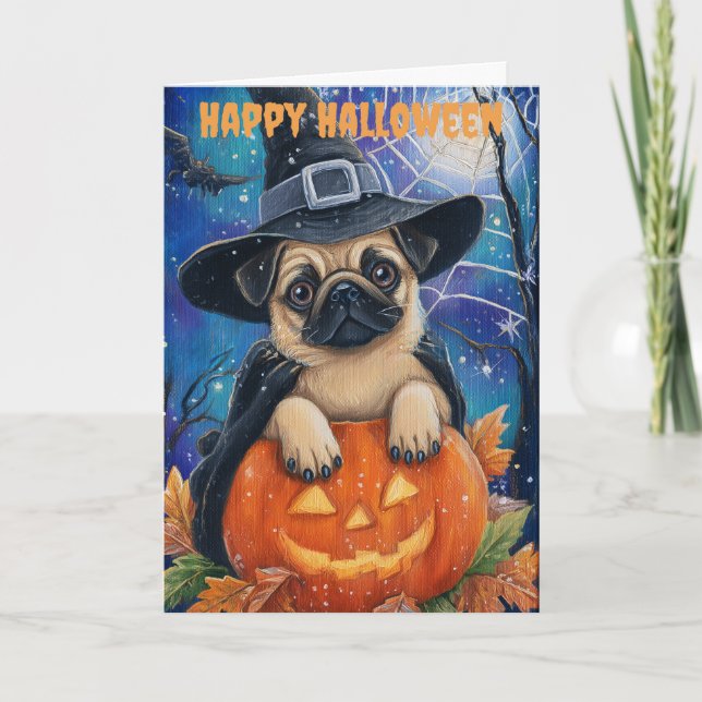 Halloween-Mops-Hund Feiertagskarte (Vorderseite)