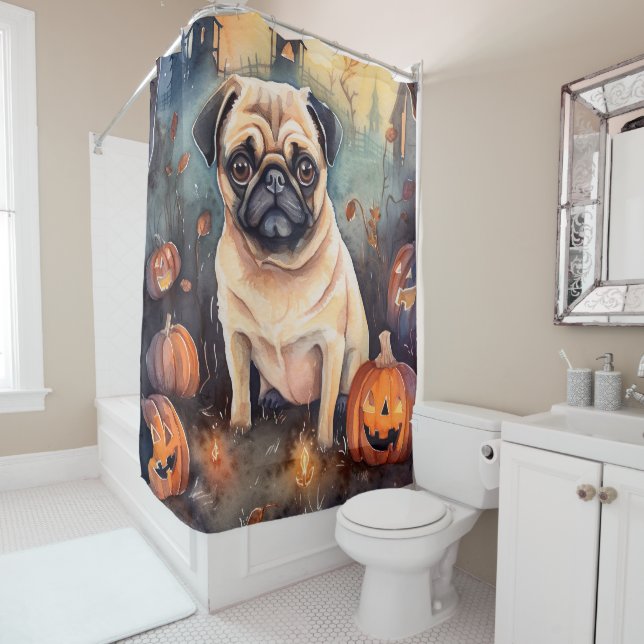 Halloween-Mops mit Pumpkins Beängstigend Duschvorhang (Beispiel)
