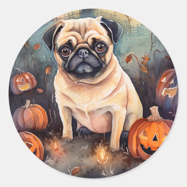 Halloween-Mops mit Pumpkins Beängstigend Runder Aufkleber (Vorderseite)