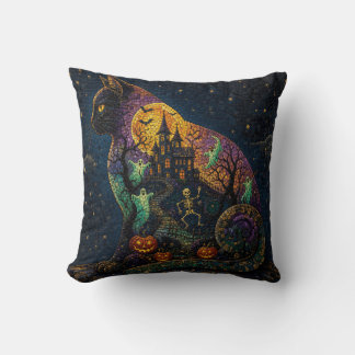 Halloween-Mosaik Spukschloss schwarze Katze Kissen