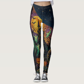 Halloween-Mosaik Spukschloss schwarze Katze Leggings