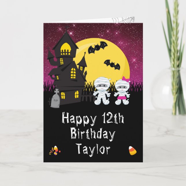 Halloween Mummy Pink Happy Birthday Karte (Vorderseite)