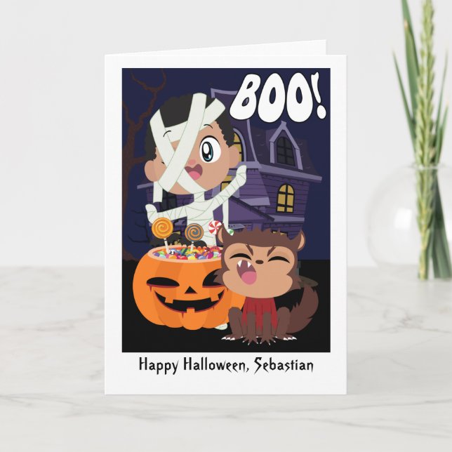 Halloween Mummy, Pumpkin und Werewolf Personalisie Karte (Vorderseite)
