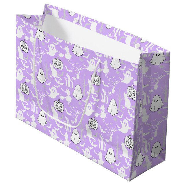 Halloween-Muster. Geruchlich und niedlich.b L Lila Große Geschenktüte (Vorderseite Schrägansicht)
