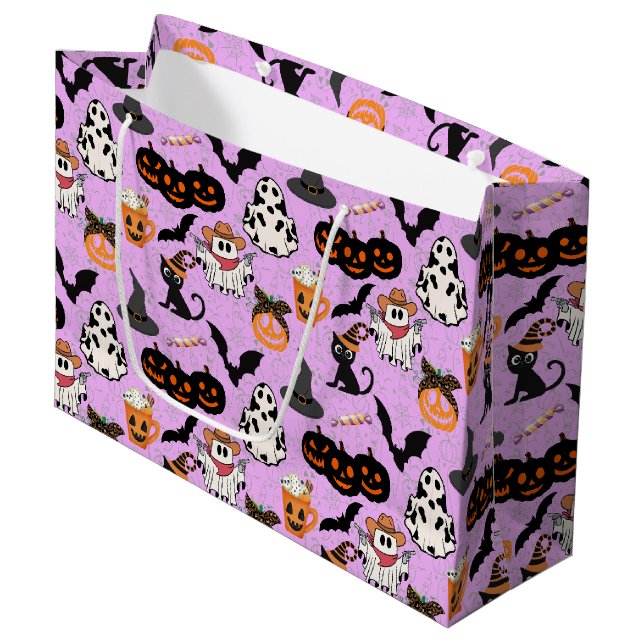 Halloween-Muster. Geruchlich und niedlich L Lila B Große Geschenktüte (Vorderseite Schrägansicht)