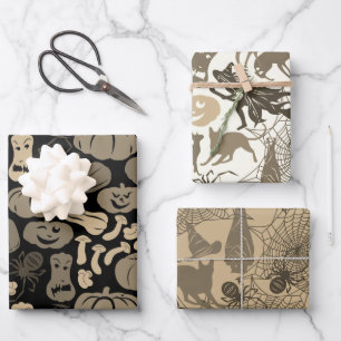 Halloween Muster Hexenhut Katzenspinne 3 neutral Geschenkpapier Set