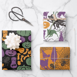 Halloween Muster Hexenhut Katzenspinne Set 3 Geschenkpapier Set