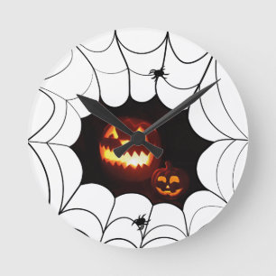 Halloween Muster mit Kürbis und Spinnen Runde Wanduhr