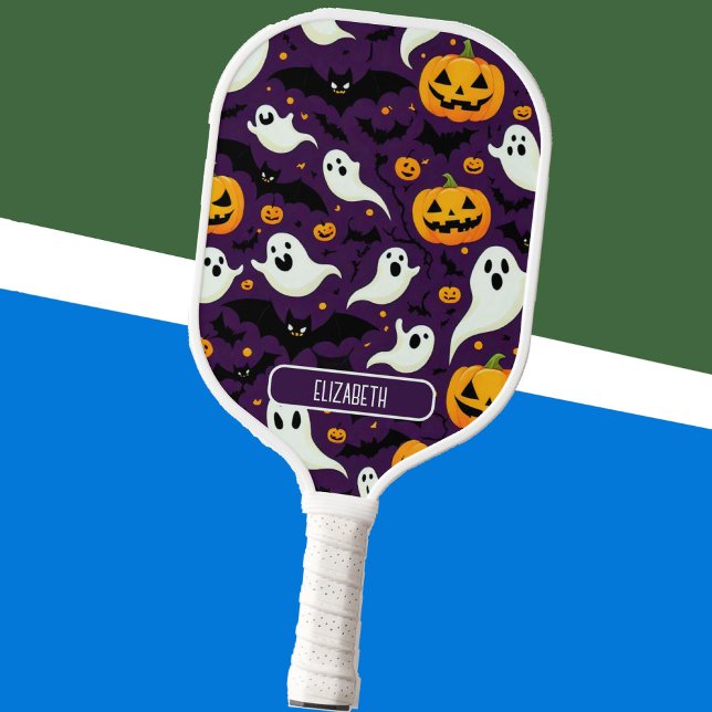 Halloween Muster Name Bats Boo Ghost Lila Cool Pickleball Schläger (Halloween Pattern Name Bats Boo Ghost Purple Cool Pickleball Paddle)