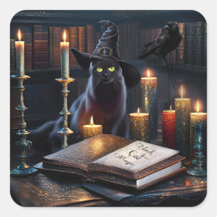 Halloween Mystische Schwarze Katze Magie Quadratischer Aufkleber