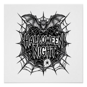 Halloween-Nacht-Fledermaus-Spinnennetz-Vintage-Shi Poster
