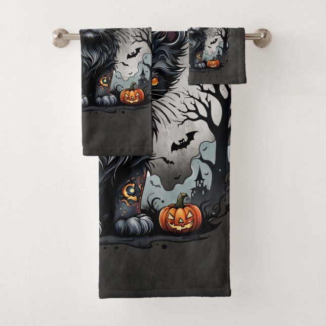 Halloween Nacht mit Kätzchen und Kürbissen. Badhandtuch Set (Insitu)