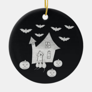 Halloween-Nacht mit Spukhaus, Fledermäusen, Kürbis Keramik Ornament