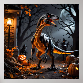 Halloween-Nacht mit Velociraptor Poster