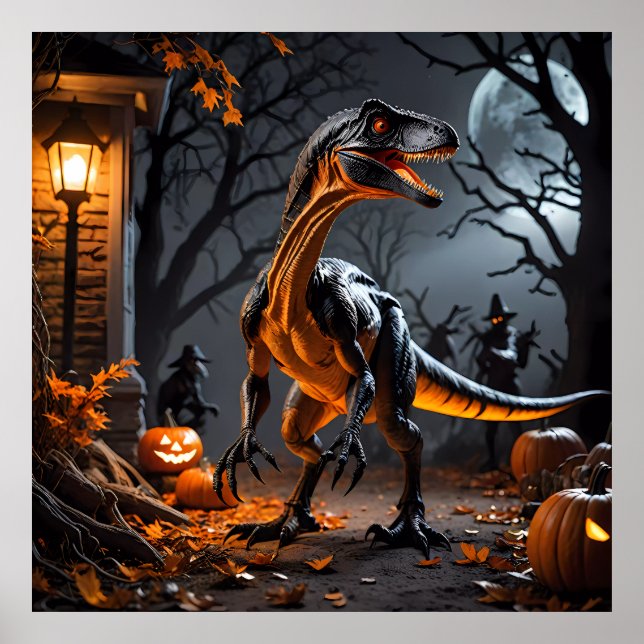 Halloween-Nacht mit Velociraptor Poster (Vorne)