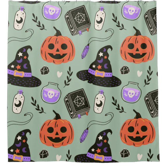 Halloween nahtloses Muster mit Hexenhut, Kürbis  Duschvorhang (Vorderseite)