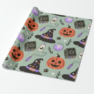 Halloween nahtloses Muster mit Hexenhut, Kürbis Geschenkpapier