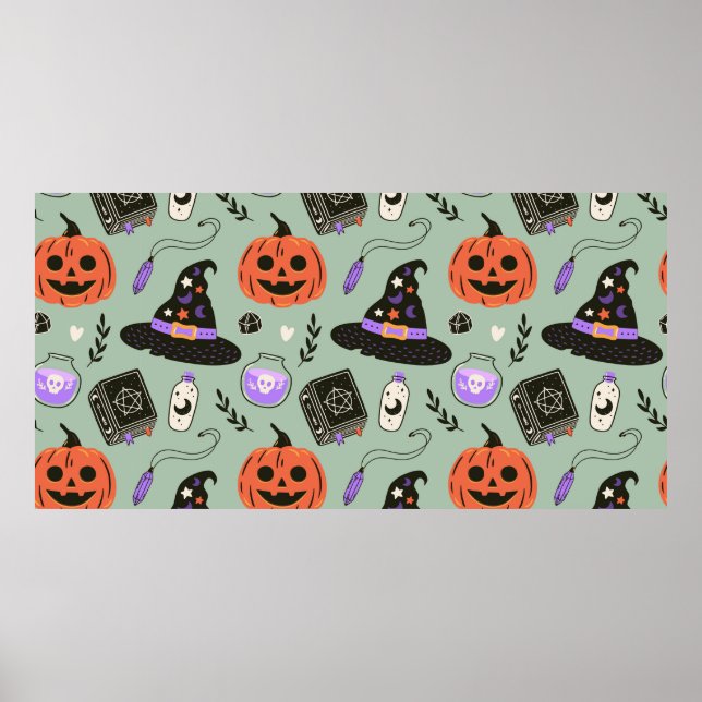 Halloween nahtloses Muster mit Hexenhut, Kürbis  Poster (Vorne)