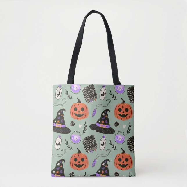 Halloween nahtloses Muster mit Hexenhut, Kürbis  Tasche (Vorderseite)