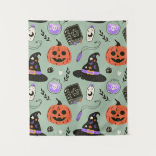 Halloween nahtloses Muster mit Hexenhut, Kürbis Wandteppich