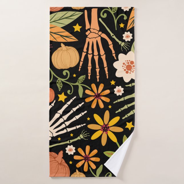 Halloween nahtloses Muster mit Knochen und Blumen  Badehandtuch (Badehandtuch)