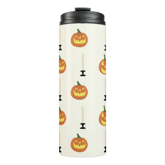 Halloween nahtloses Muster mit Kürbissen und Kerze Thermosbecher (Vorderseite)