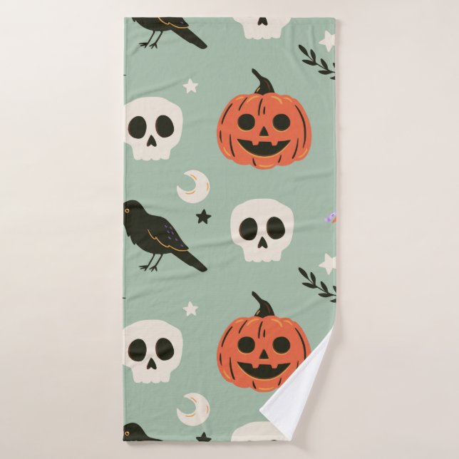 Halloween nahtloses Muster mit Raben, Schädeln und Badehandtuch (Badehandtuch)