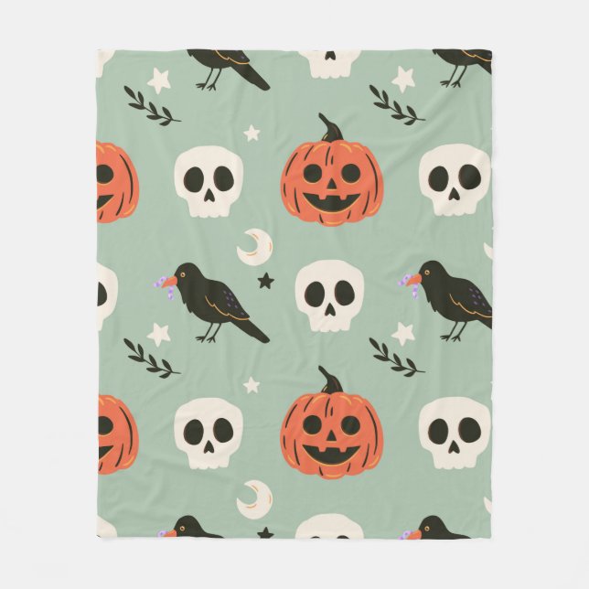 Halloween nahtloses Muster mit Raben, Schädeln und Fleecedecke (Vorderseite)