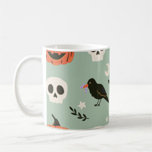 Halloween nahtloses Muster mit Raben, Schädeln und Kaffeetasse