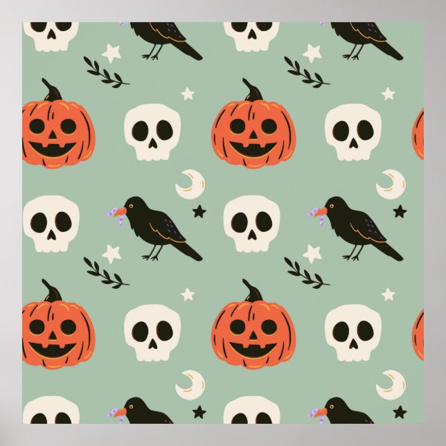 Halloween nahtloses Muster mit Raben, Schädeln und Poster (Vorne)